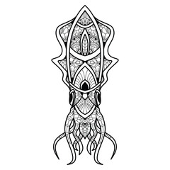 Hand drawn of squid in zentangle style