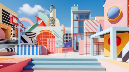 Playful shapes and forms in a Memphis-inspired city  AI generated illustration