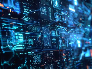 Data breaches, holographic security alerts, advanced tech protection, dark background