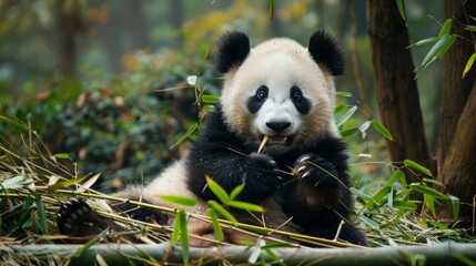 Obraz premium Precious panda munching on bamboo AI generated illustration