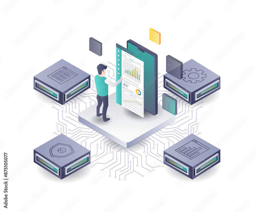 Aufkleber server technology data analysis hub flat isometric illustration