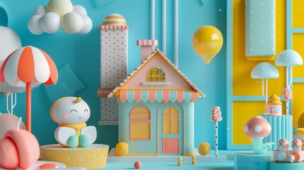 Produce a cute 3D scene inspired by Memphis design  AI generated illustration