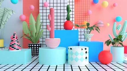 Produce a cute 3D scene inspired by Memphis design  AI generated illustration