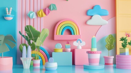 Produce a cute 3D scene inspired by Memphis design  AI generated illustration