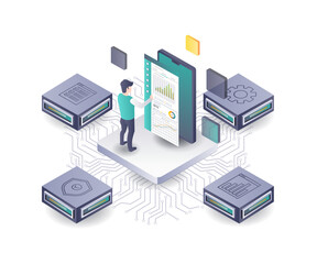 Server Technology Data Analysis Hub flat isometric illustration