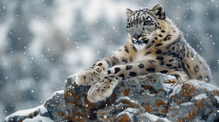 Fototapeta premium Elegant Snow Leopard Resting on Rocky Outcrop in Snowy Landscape