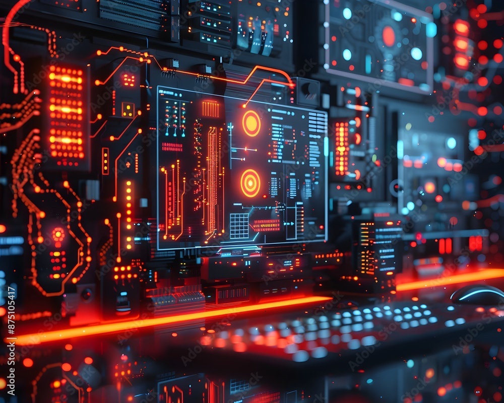 Poster futuristic quantum computing workstation with glowing circuits and interface