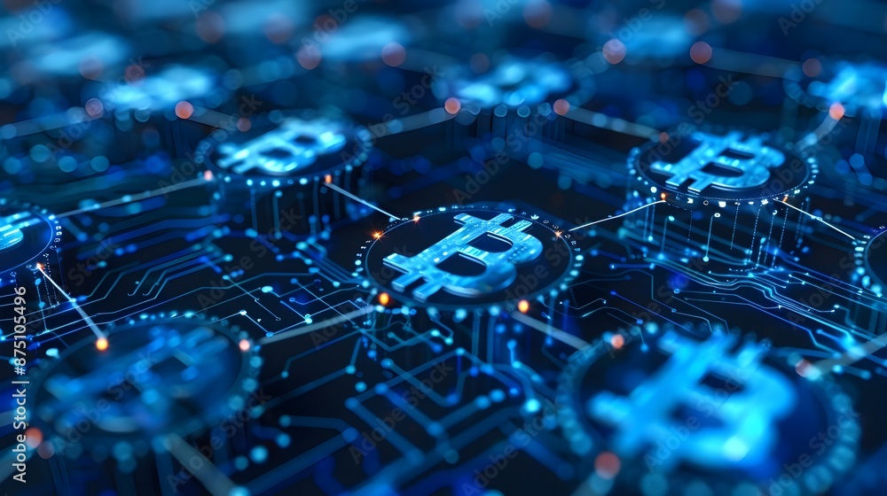 Poster blockchain network visualization with interconnected nodes and digital currency symbols futuristic t