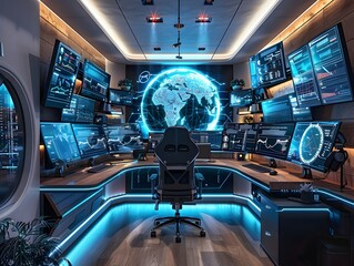 Futuristic High Tech Workspace with Virtual Assistant Hologram and Ergonomic Furnishings