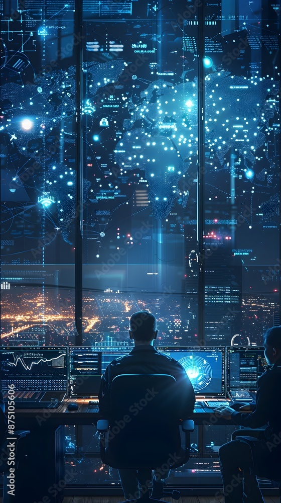Poster advanced cybersecurity command center monitoring global networks digitally