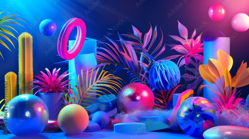 Aufkleber quirky and fun neon colored 3d render with abstract elements ai generated illustration