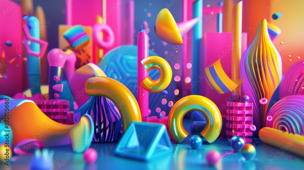 Poster quirky and fun neon colored 3d render with abstract elements ai generated illustration