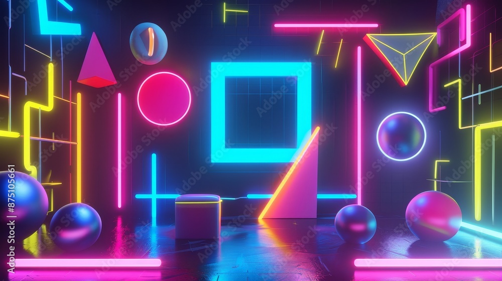 Poster quirky and fun neon colored 3d render with abstract shapes ai generated illustration