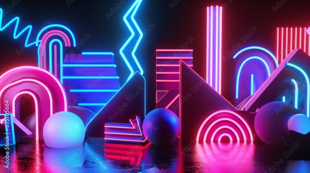 Poster quirky and fun neon colored 3d render with abstract elements ai generated illustration