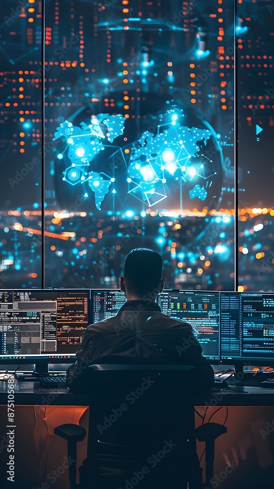 Poster advanced cybersecurity command center monitoring global digital networks and systems