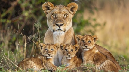 Fototapeta premium Regal lioness protecting her cubs AI generated illustration