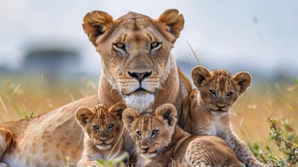 Obraz premium Regal lioness protecting her cubs AI generated illustration