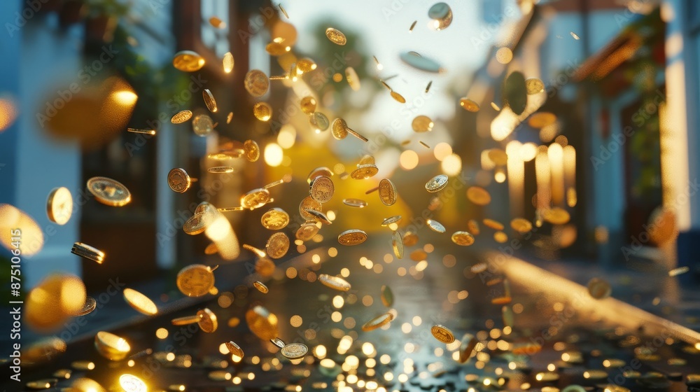 Poster Render a playful 3D scene of coins raining down on a cute setting  AI generated illustration