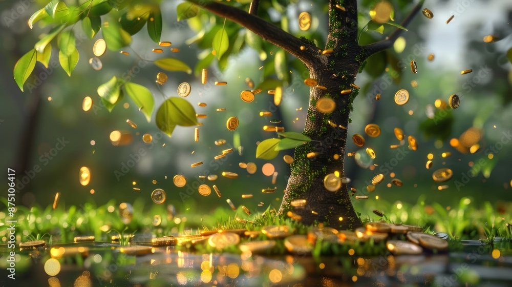Poster render a playful 3d scene of coins raining down on a cute setting ai generated illustration