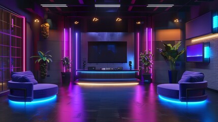 Render an abstract and colorful 3D version of a TV show podcast studio  AI generated illustration