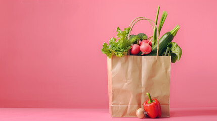 Paper bag full of fresh vegetables isolated on color background. Grocery shopping concept