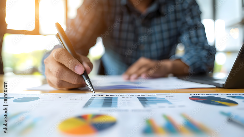 Poster business professional analyzing financial data charts and graphs while working at a desk with docume
