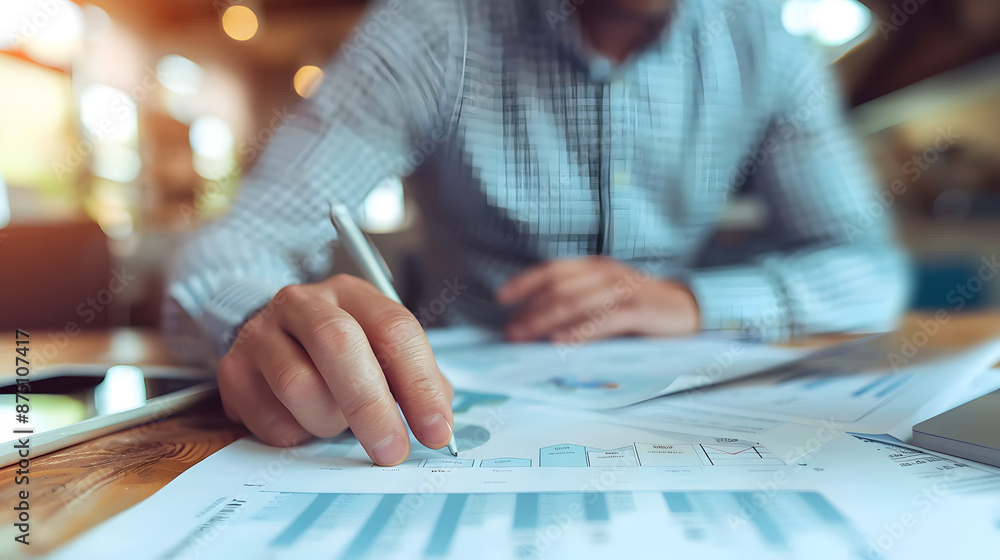 Aufkleber businessman analyzing financial data and taking notes on a table in a modern office, focusing on bus