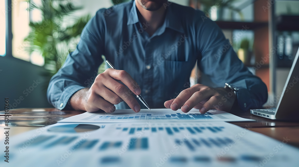 Aufkleber close-up of a businessman analyzing financial data with charts and graphs, working at a desk with a 