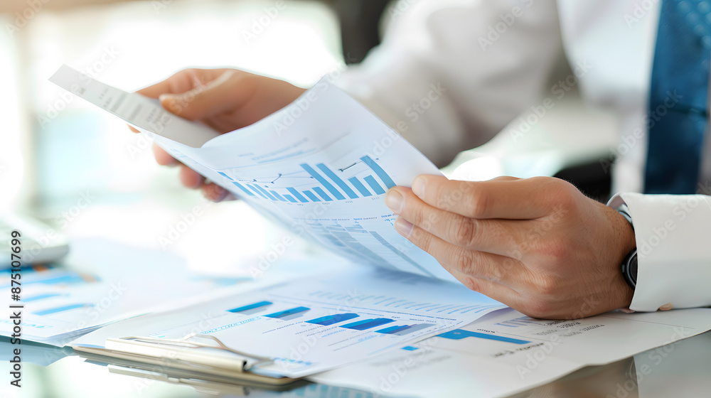 Poster close-up of a businessman analyzing financial reports with charts and graphs during a meeting. suita