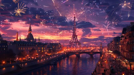 Naklejka premium Fireworks, night view of Paris