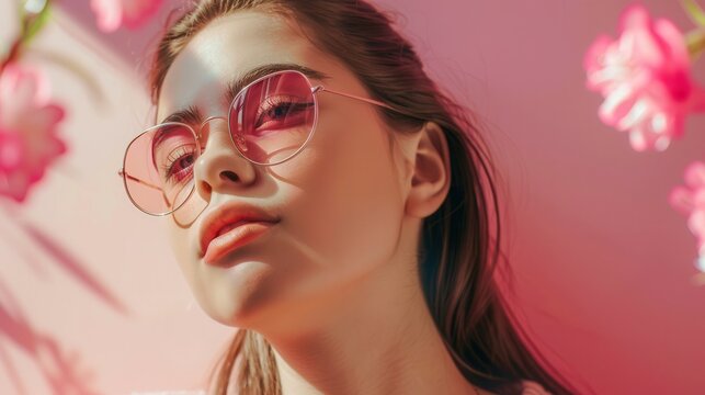 Young woman posing for a photo on pinkk background social media post instagram post or web banner template. 