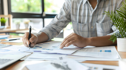 Close-up of a person working on financial documents at a desk, analyzing data and making calculations with a pen.