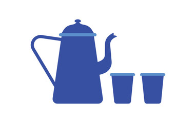Outdoor camp coffee pot with cups. Old can teapot. Blue enameled dishware set for picnic, barbecue, hot drink on campfire. Minimalist vector illustration, isolated on white.