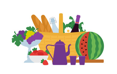 Picnic party. Food, drinks and straw basket - fruits, watermelon, lemonade, wine bottle, bread, flowers. Outdoor, weekend concept. Clean simple style illustration, isolated flat vector composition