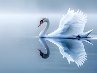 Graceful swan glides across a serene lake with a flawless reflection