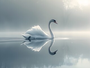 Fototapeta premium Graceful Swan Gliding Across Tranquil Lake with Serene Reflection