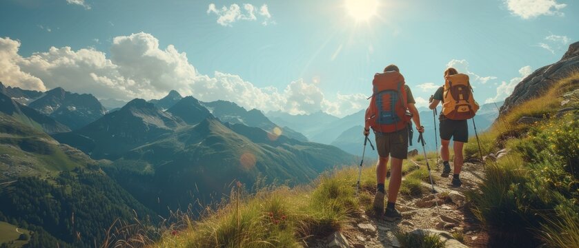 hikers with backpacks trek through a mountain range
