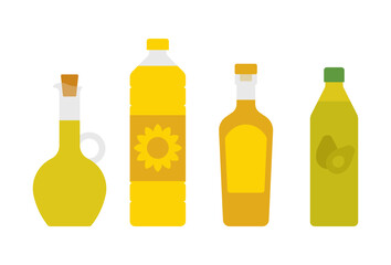 Cooking oil - Olive, sunflower, palm, avocado. Different bottles - corked pitcher, plastic, glass bottle. Types of oil in transparent containers. Minimalist flat illustration, isolated on whites