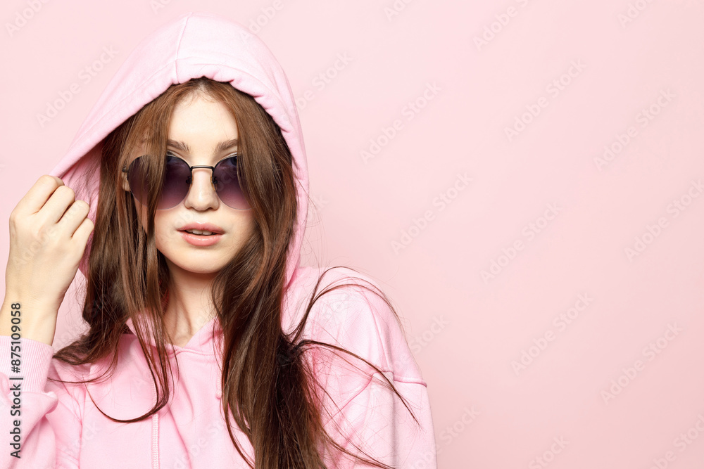 Sticker Teen Model Girl Wearing Pink Hoodie, Sunglasses, Pink Background