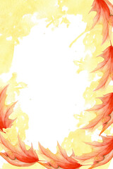 Watercolor autumn abstract template isolated with yellow splashes and colorful fall leaves. Hand drawn abstract background for harvest season card, invitation, thanksgiving poster design