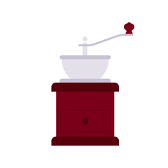 Vintage coffee grinder. Manual vintage wooden grinder. Antique coffee mill for beans. Minimalist illustration, vector, isolated. For packaging, layout, coffee related design.