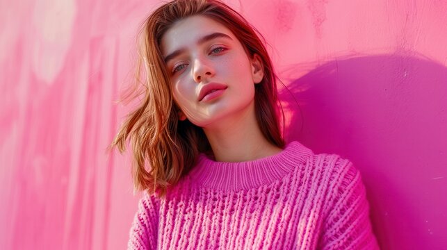 Young woman posing for a photo on pinkk background social media post instagram post or web banner template. 