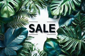 Creative summer sale concept design banner mockup featuring a minimalist white background framed by tropical leaves, with sale text displayed in top view