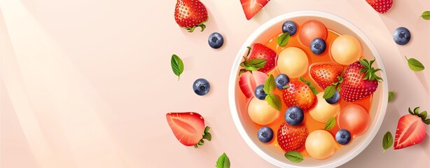 Illustration of fruit salad bowl on pastel background.