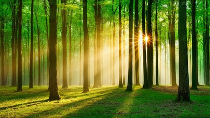 Sunlight Sunrise Streaming Through Forest Trees