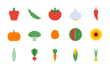 Vegetable icons set - red pepper, peas, garlic, onion, pumpkin, potato, radish, carrot, tomato, cucumber, corn, broccoli. Organic vegan products, bundle. Minimalist style. Clean simple vector style