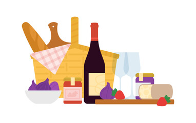 Picnic basket. Summer food outdoors - wine, cheese, jam, fruit, bread. wicker hamper with food. Dining meal on a nature. Simple modern flat vector illustration. Simplicity, minimalist