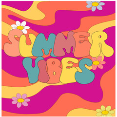 Summer atmosphere lettering in retro style on purple background with flowers