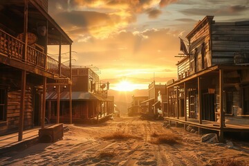 atmospheric wild west town dusty main street weathered wooden buildings tumbleweed dramatic sunset cinematic western ambiance