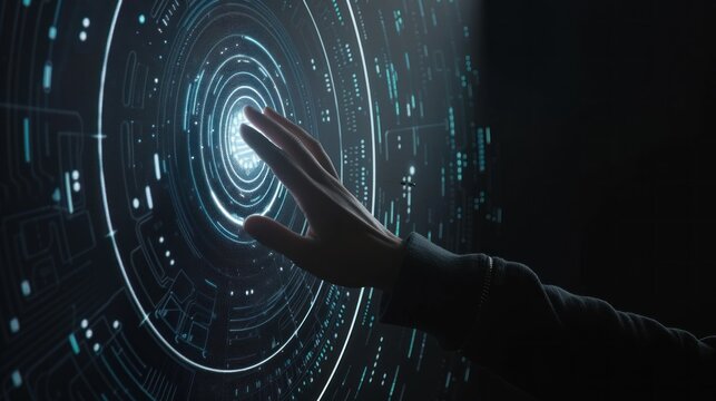 A Hand Reaches Out to a Futuristic Interface